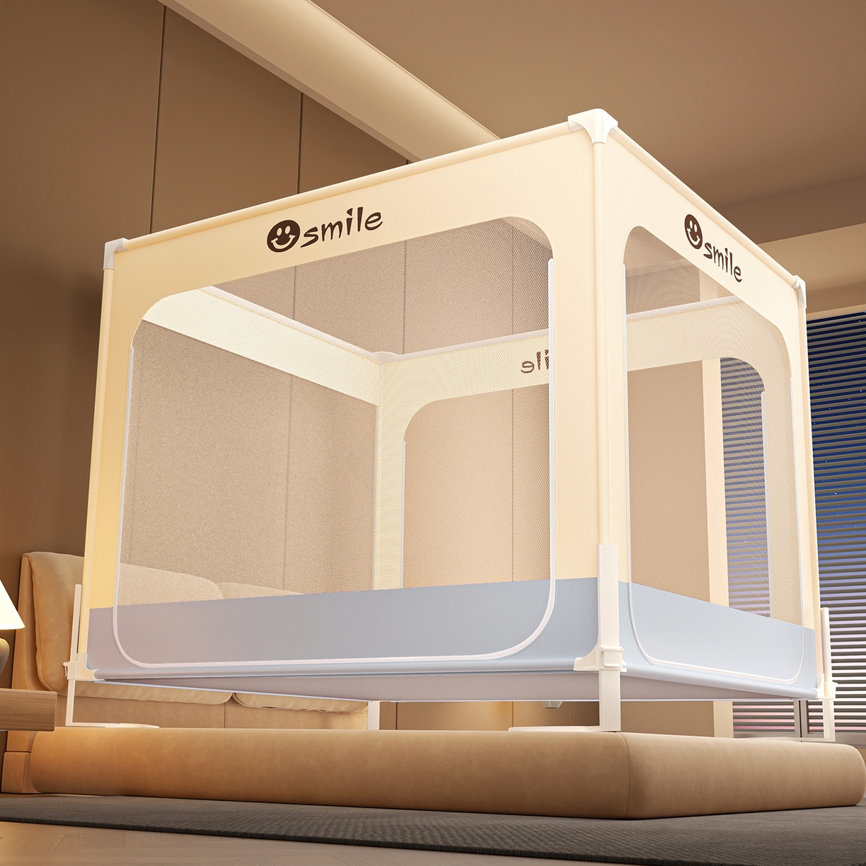 雪姿家纺 2026新款外穿杆三开u型门全底防摔蚊帐-星辰 星辰-米黄