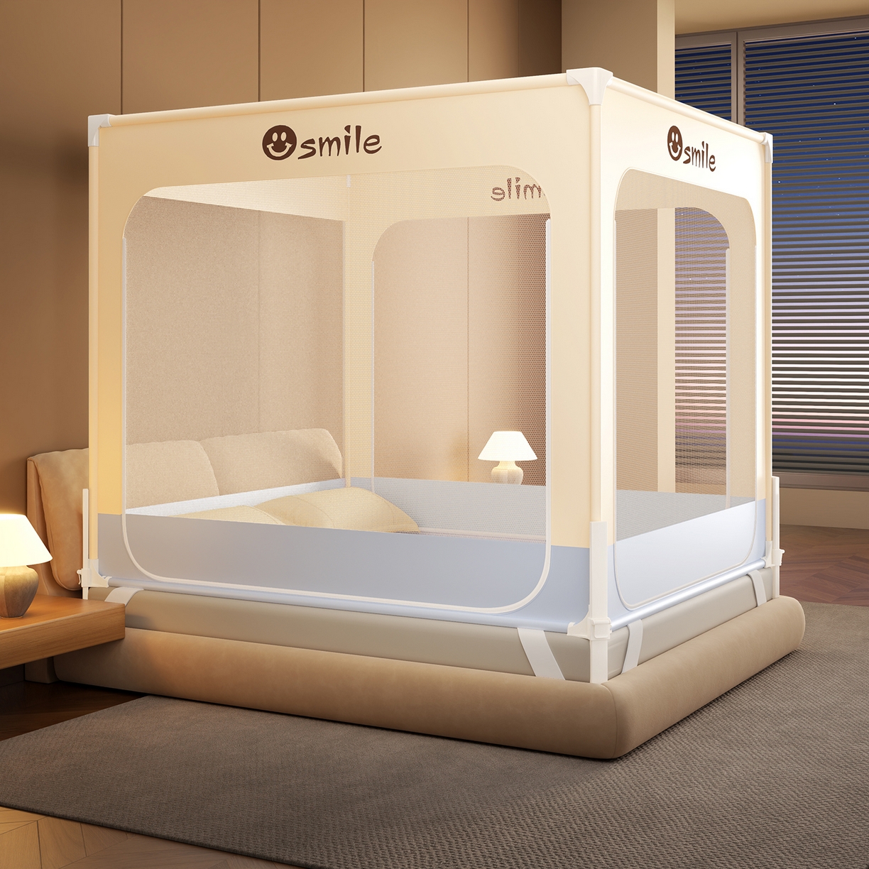 91家纺网 家纺一手货源 找家纺 雪姿家纺 2026新款外穿杆三开u型门全底防摔蚊帐-星辰 星辰-米黄