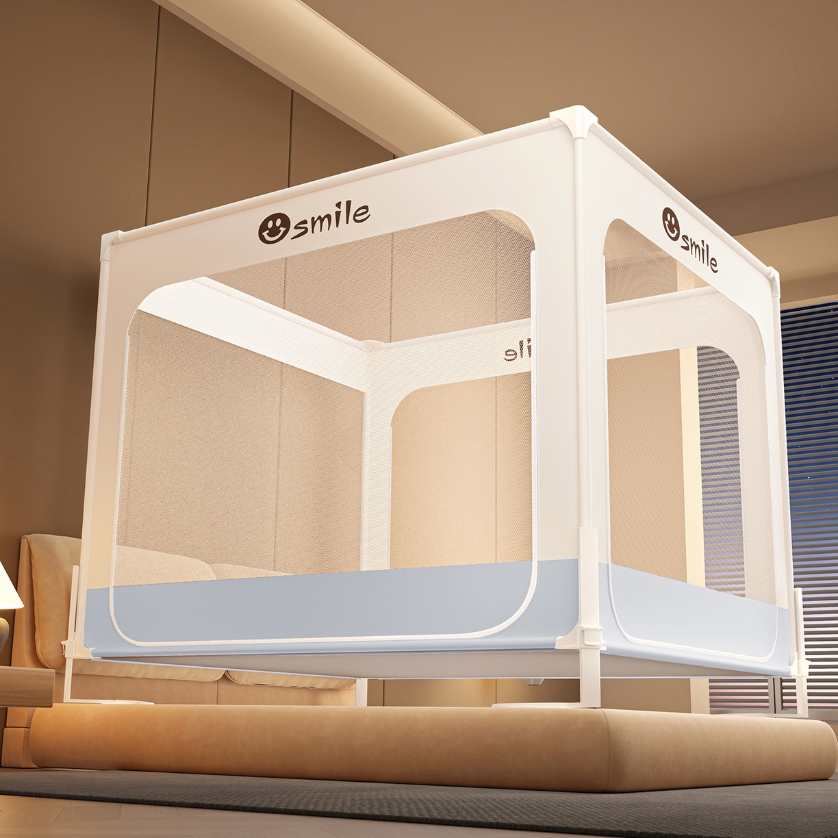 雪姿家纺 2026新款外穿杆三开u型门全底防摔蚊帐-星辰 星辰-浅咖