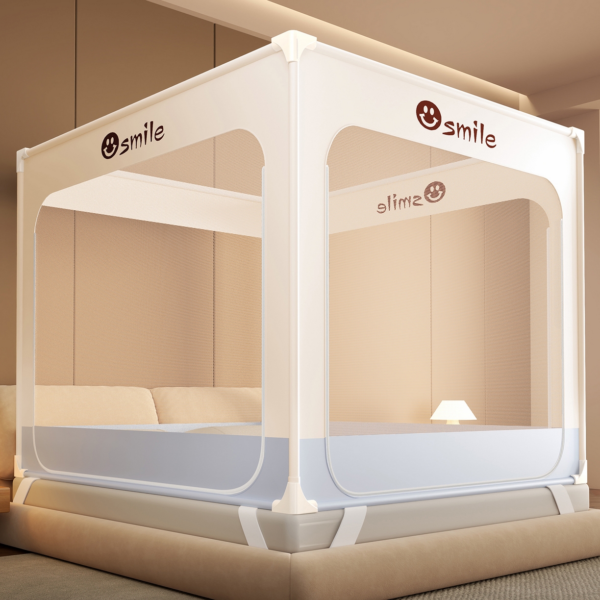 91家纺网 家纺一手货源 找家纺 雪姿家纺 2026新款外穿杆三开u型门全底防摔蚊帐-星辰 星辰-浅咖