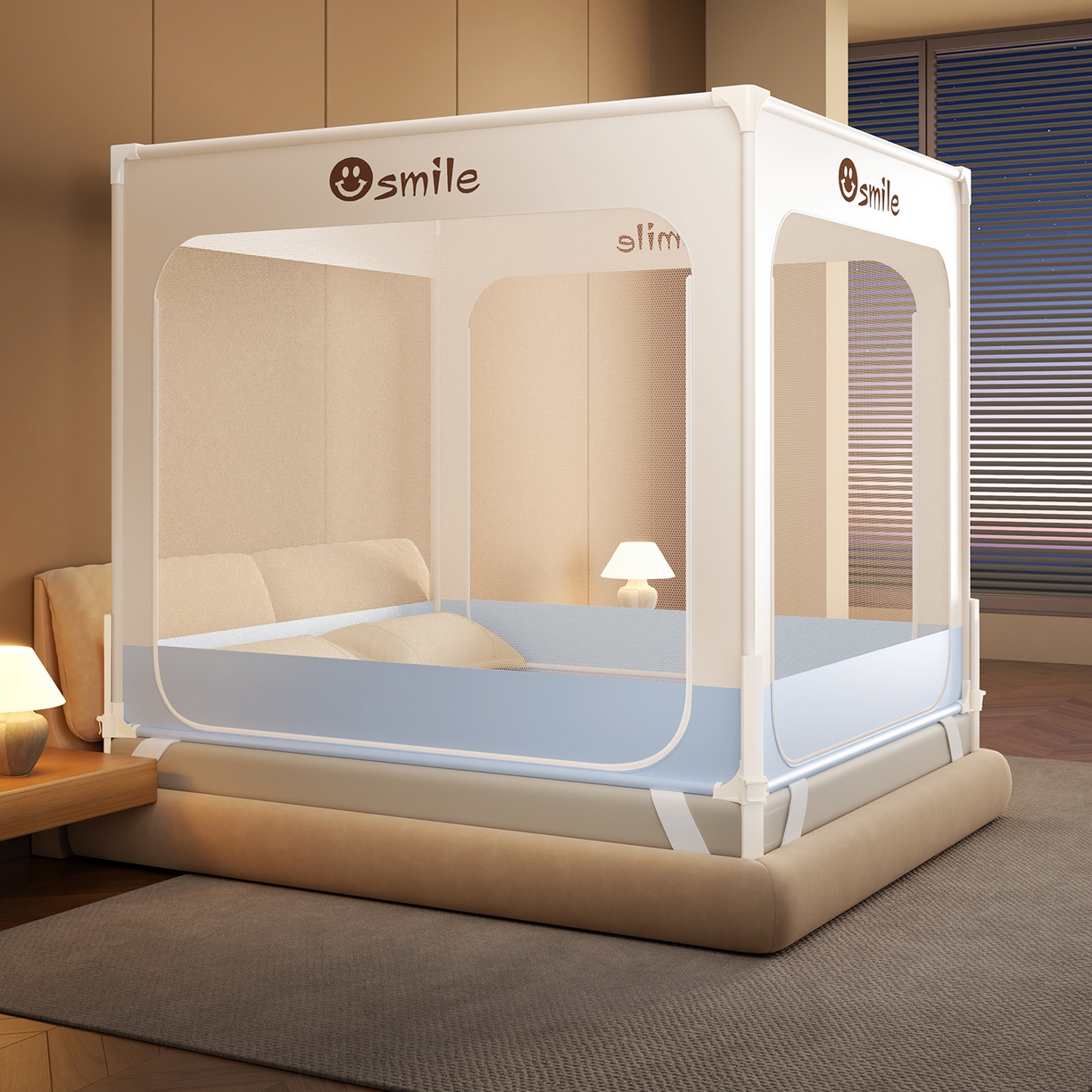 91家纺网 家纺一手货源 找家纺 雪姿家纺 2026新款外穿杆三开u型门全底防摔蚊帐-星辰 星辰-浅咖