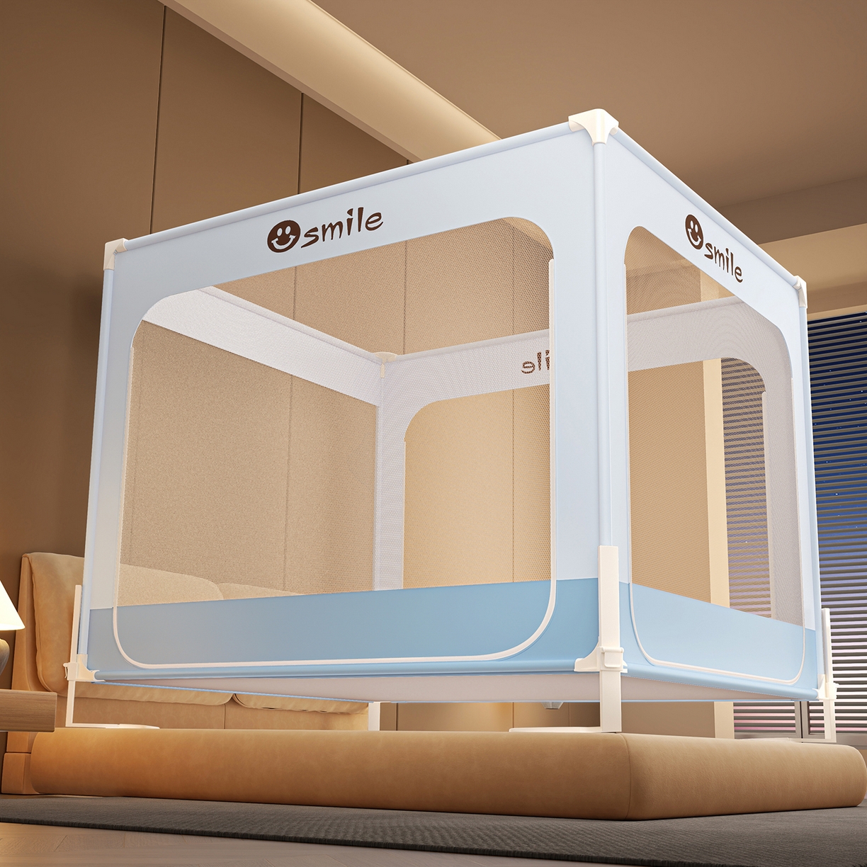 雪姿家纺 2026新款外穿杆三开u型门全底防摔蚊帐-星辰 星辰-浅蓝