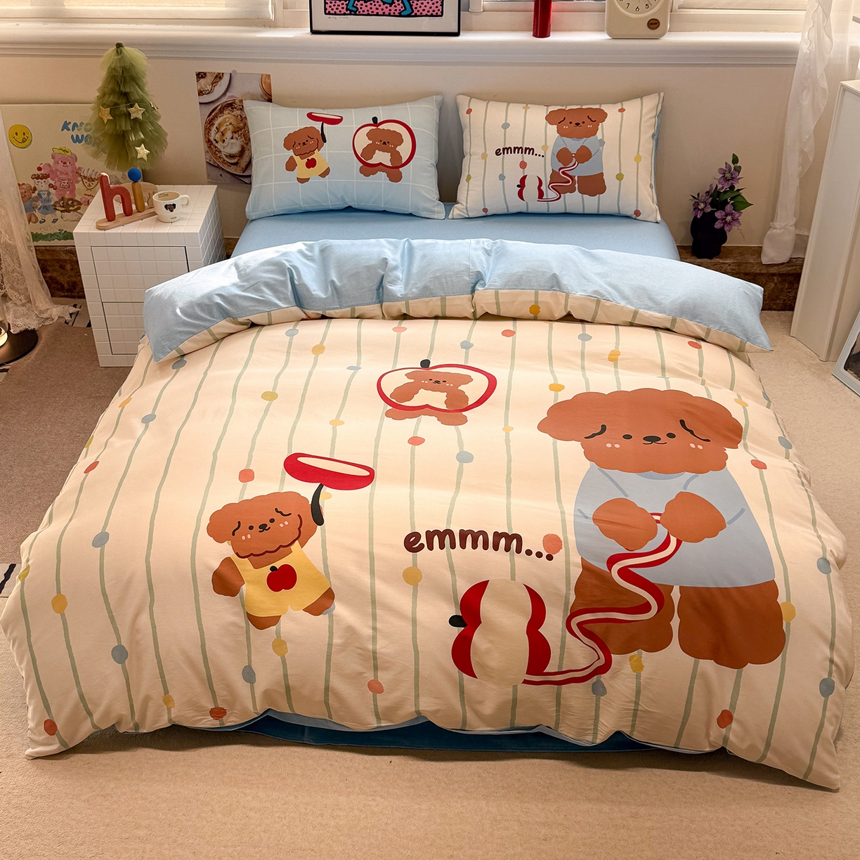 麦田家纺 2026新款全棉13070数码印花四件套 苹果小狗