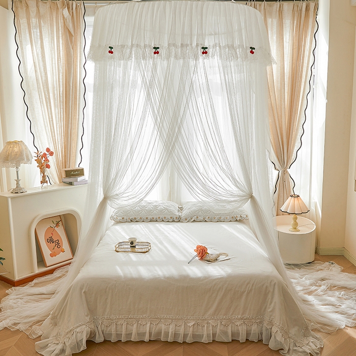 91家纺网 家纺一手货源 找家纺 雪姿家纺 2026新款圆顶公主风落地蚊帐-樱之恋 樱之恋-雅白