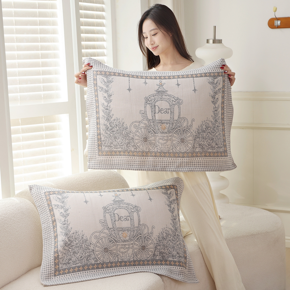 91家纺网 家纺一手货源 找家纺 朴尔家纺-毛巾被 2026新品多彩棉素雅色织提花纯棉纱布枕巾 贝蒂