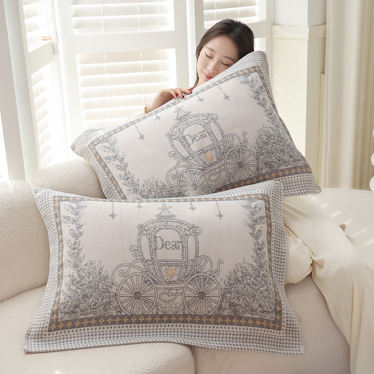 91家纺网 家纺一手货源 找家纺 朴尔家纺-毛巾被 2026新品多彩棉素雅色织提花纯棉纱布枕巾 贝蒂