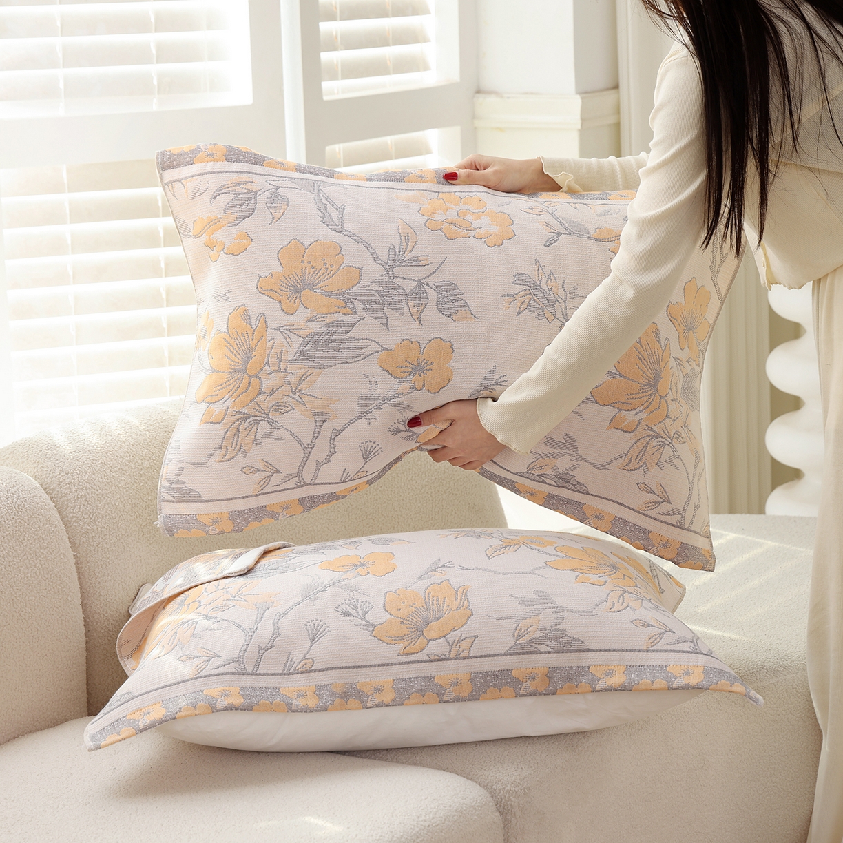 91家纺网 家纺一手货源 找家纺 朴尔家纺-毛巾被 2026新品多彩棉素雅色织提花纯棉纱布枕巾 沉香