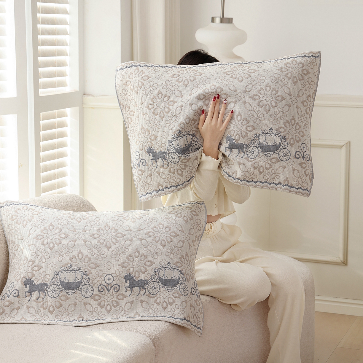 朴尔家纺-毛巾被 2026新品多彩棉素雅色织提花纯棉纱布枕巾 浮生花