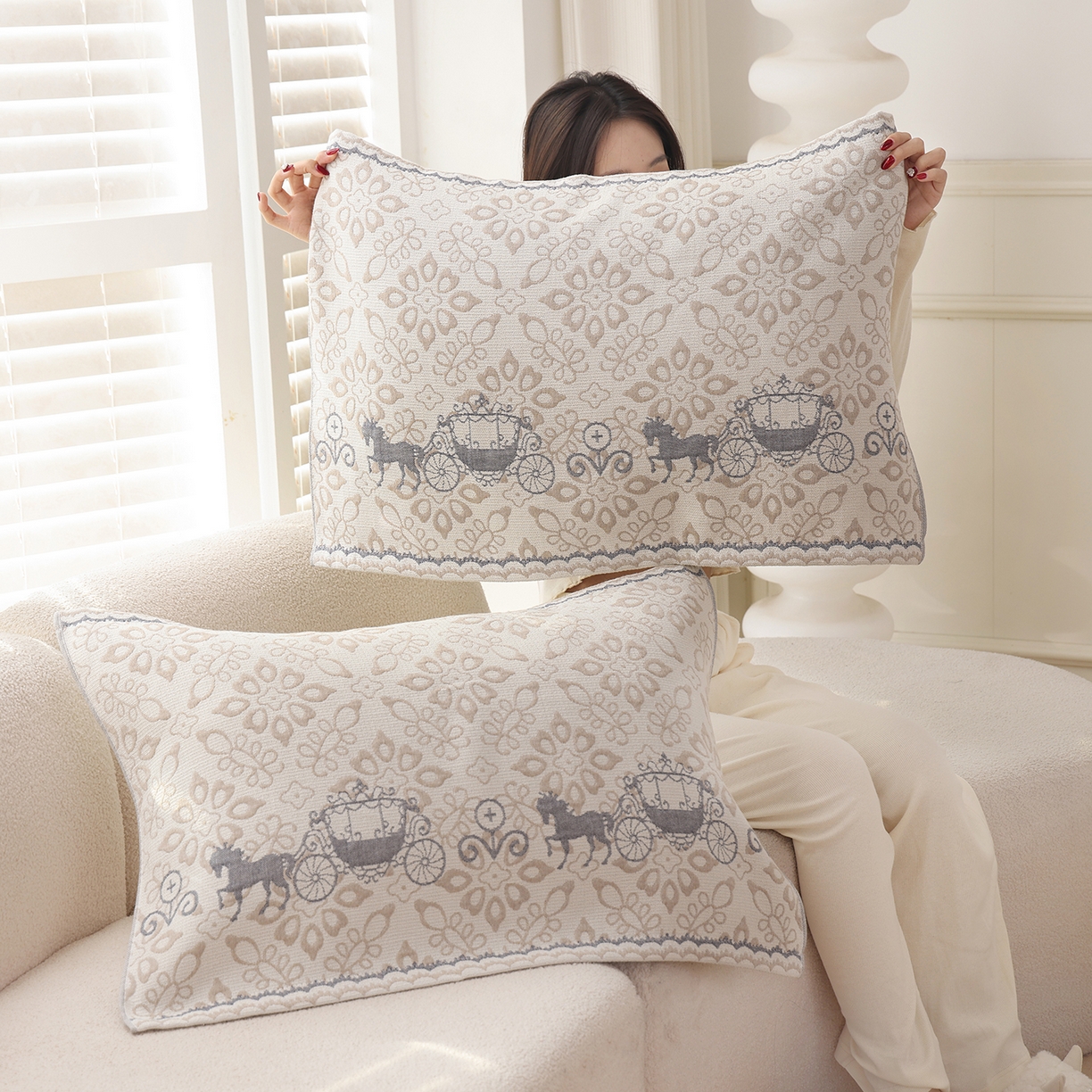 91家纺网 家纺一手货源 找家纺 朴尔家纺-毛巾被 2026新品多彩棉素雅色织提花纯棉纱布枕巾 浮生花