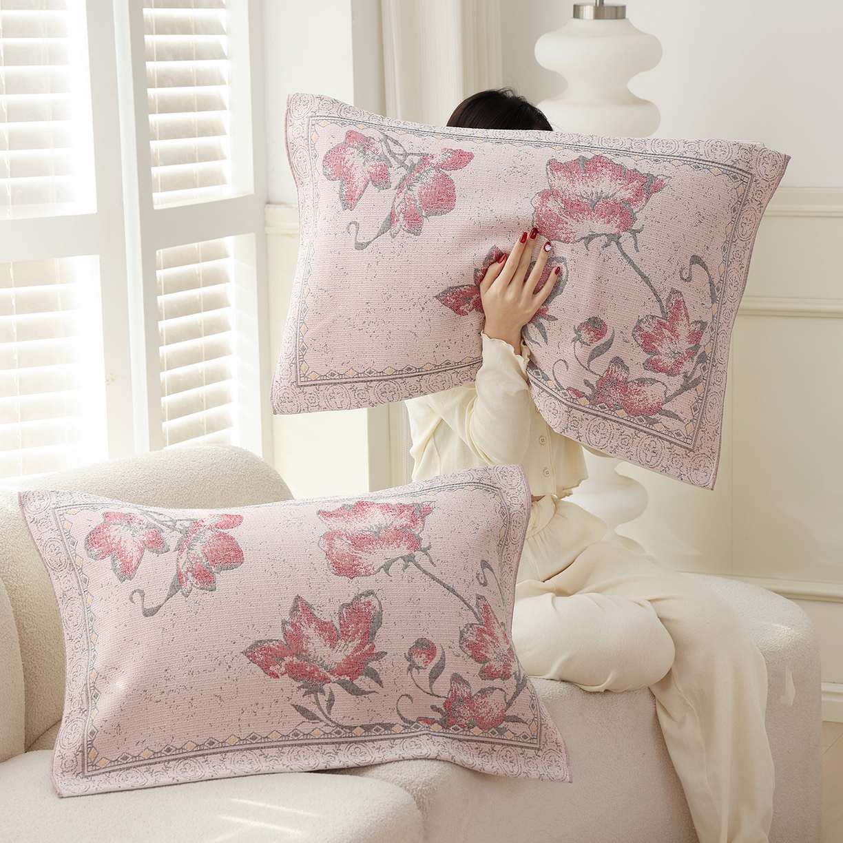 朴尔家纺-毛巾被 2026新品多彩棉素雅色织提花纯棉纱布枕巾 红莲絮语