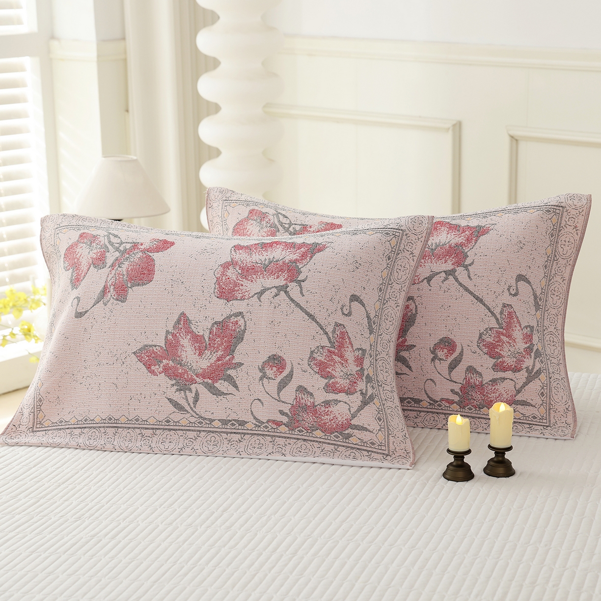 91家纺网 家纺一手货源 找家纺 朴尔家纺-毛巾被 2026新品多彩棉素雅色织提花纯棉纱布枕巾 红莲絮语