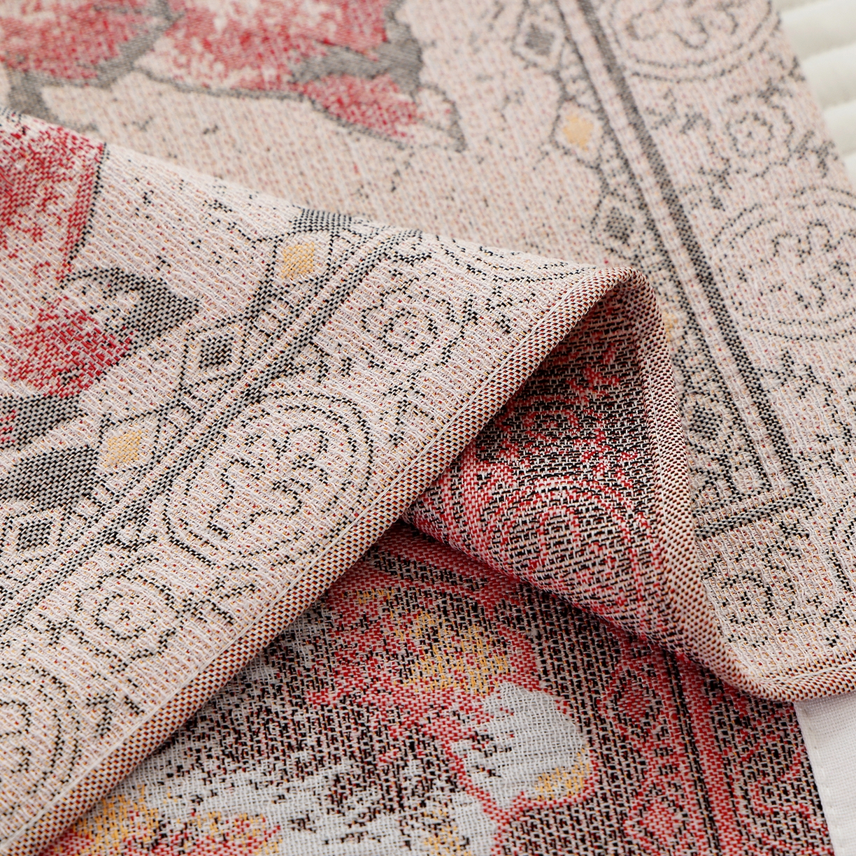 91家纺网 家纺一手货源 找家纺 朴尔家纺-毛巾被 2026新品多彩棉素雅色织提花纯棉纱布枕巾 红莲絮语