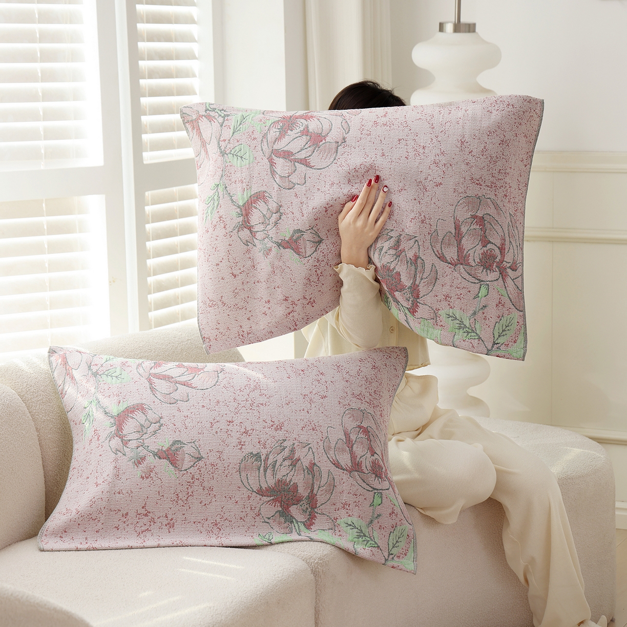 朴尔家纺-毛巾被 2026新品多彩棉素雅色织提花纯棉纱布枕巾 灵动花语