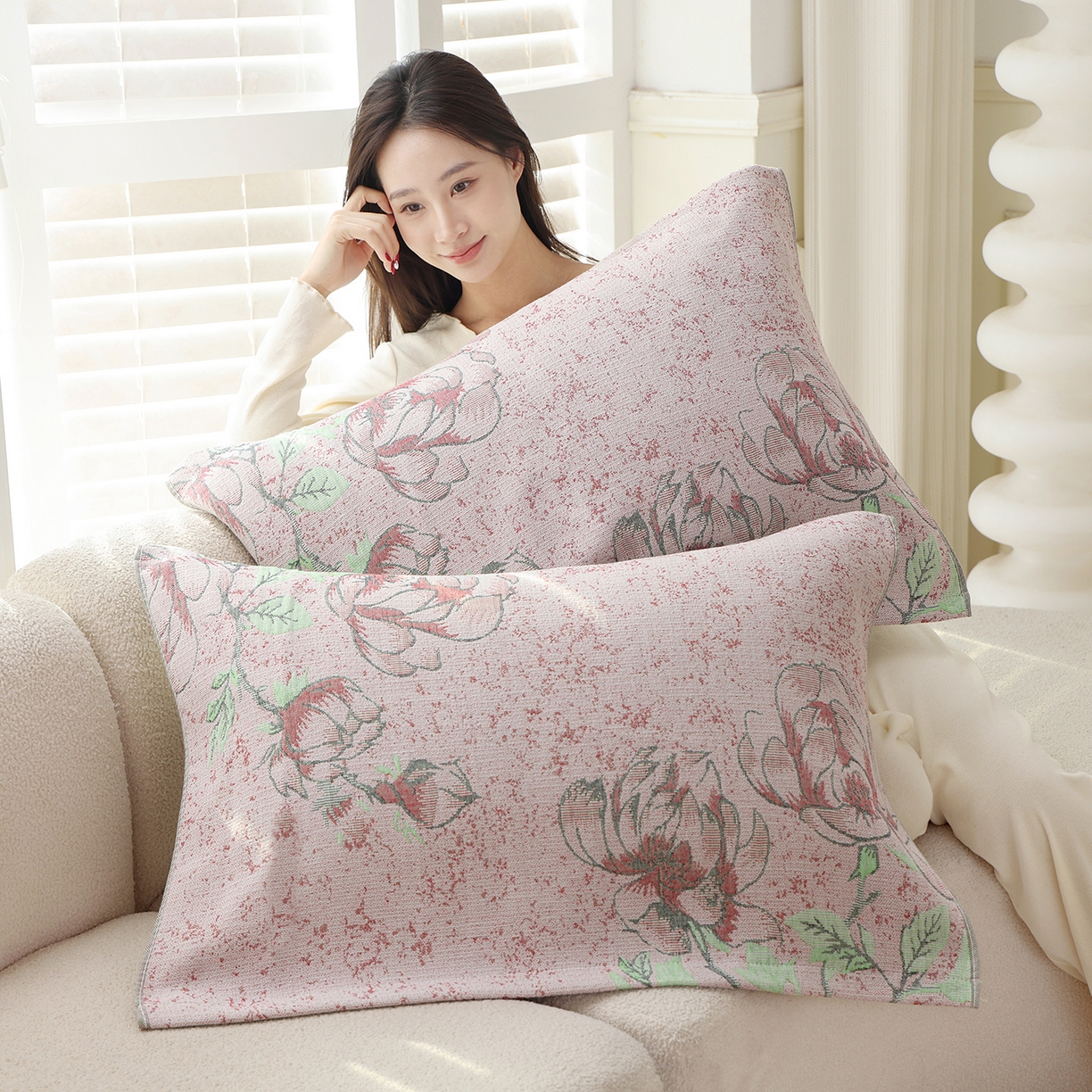 91家纺网 家纺一手货源 找家纺 朴尔家纺-毛巾被 2026新品多彩棉素雅色织提花纯棉纱布枕巾 灵动花语