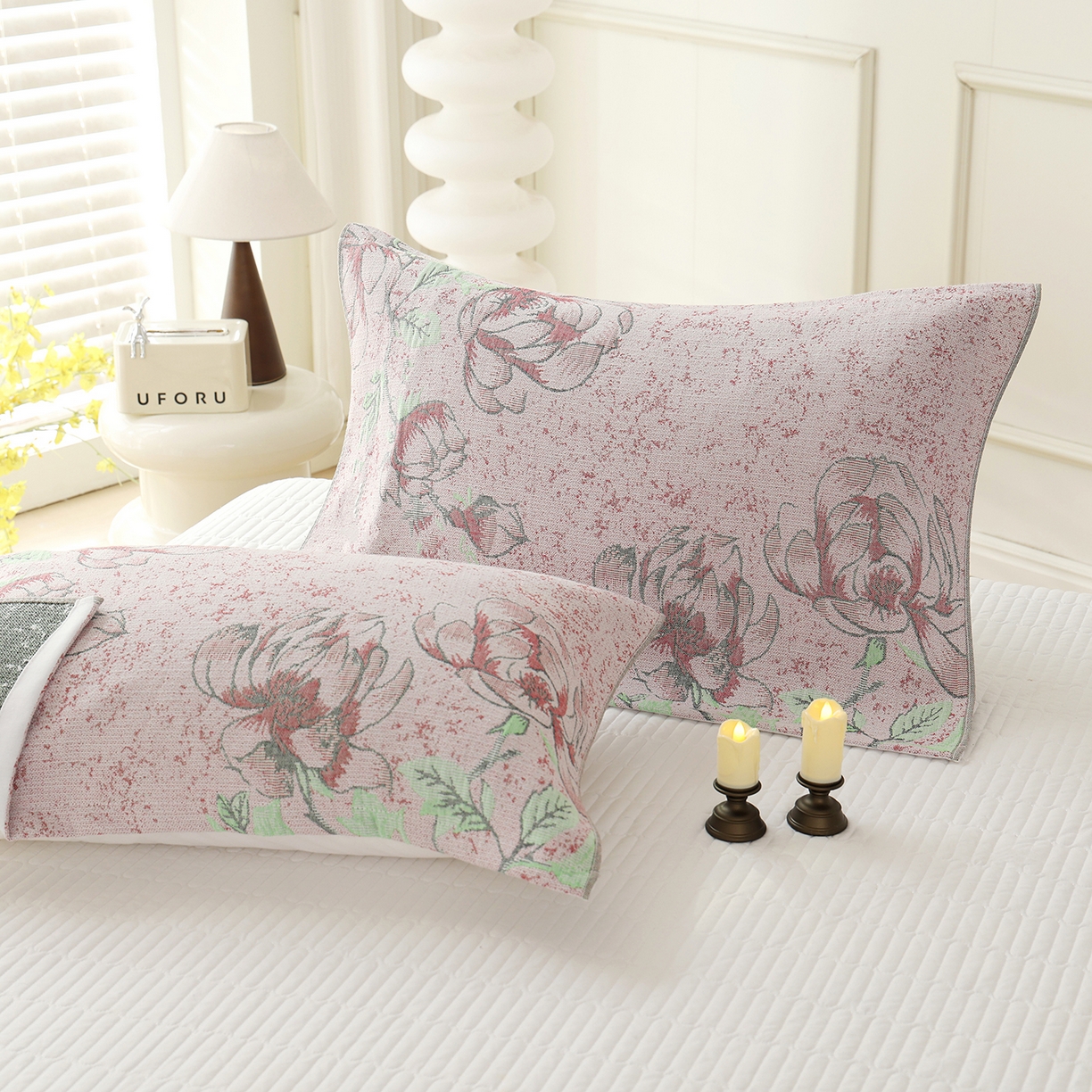 91家纺网 家纺一手货源 找家纺 朴尔家纺-毛巾被 2026新品多彩棉素雅色织提花纯棉纱布枕巾 灵动花语