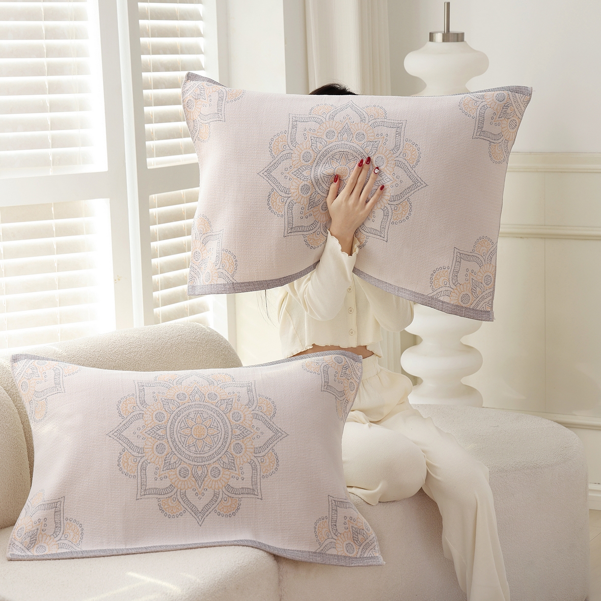 朴尔家纺-毛巾被 2026新品多彩棉素雅色织提花纯棉纱布枕巾 洛拉