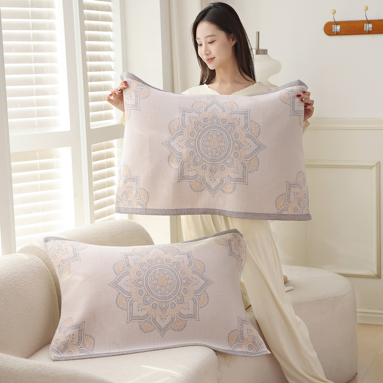 91家纺网 家纺一手货源 找家纺 朴尔家纺-毛巾被 2026新品多彩棉素雅色织提花纯棉纱布枕巾 洛拉