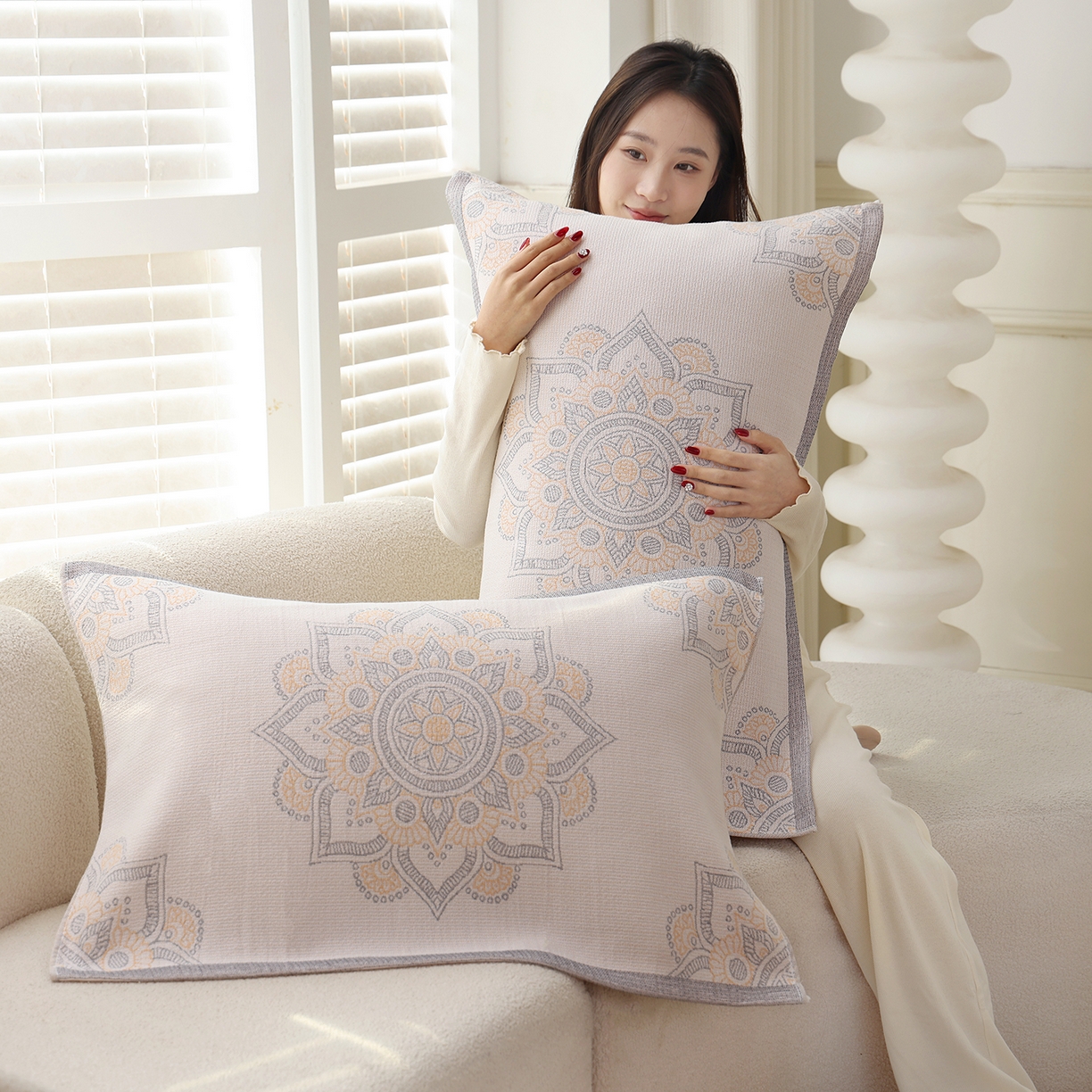 91家纺网 家纺一手货源 找家纺 朴尔家纺-毛巾被 2026新品多彩棉素雅色织提花纯棉纱布枕巾 洛拉