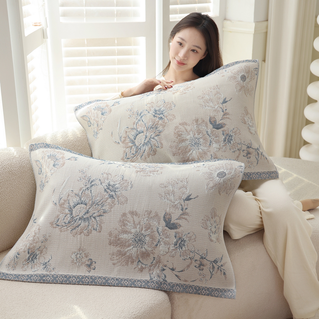 91家纺网 家纺一手货源 找家纺 朴尔家纺-毛巾被 2026新品多彩棉素雅色织提花纯棉纱布枕巾 清岁
