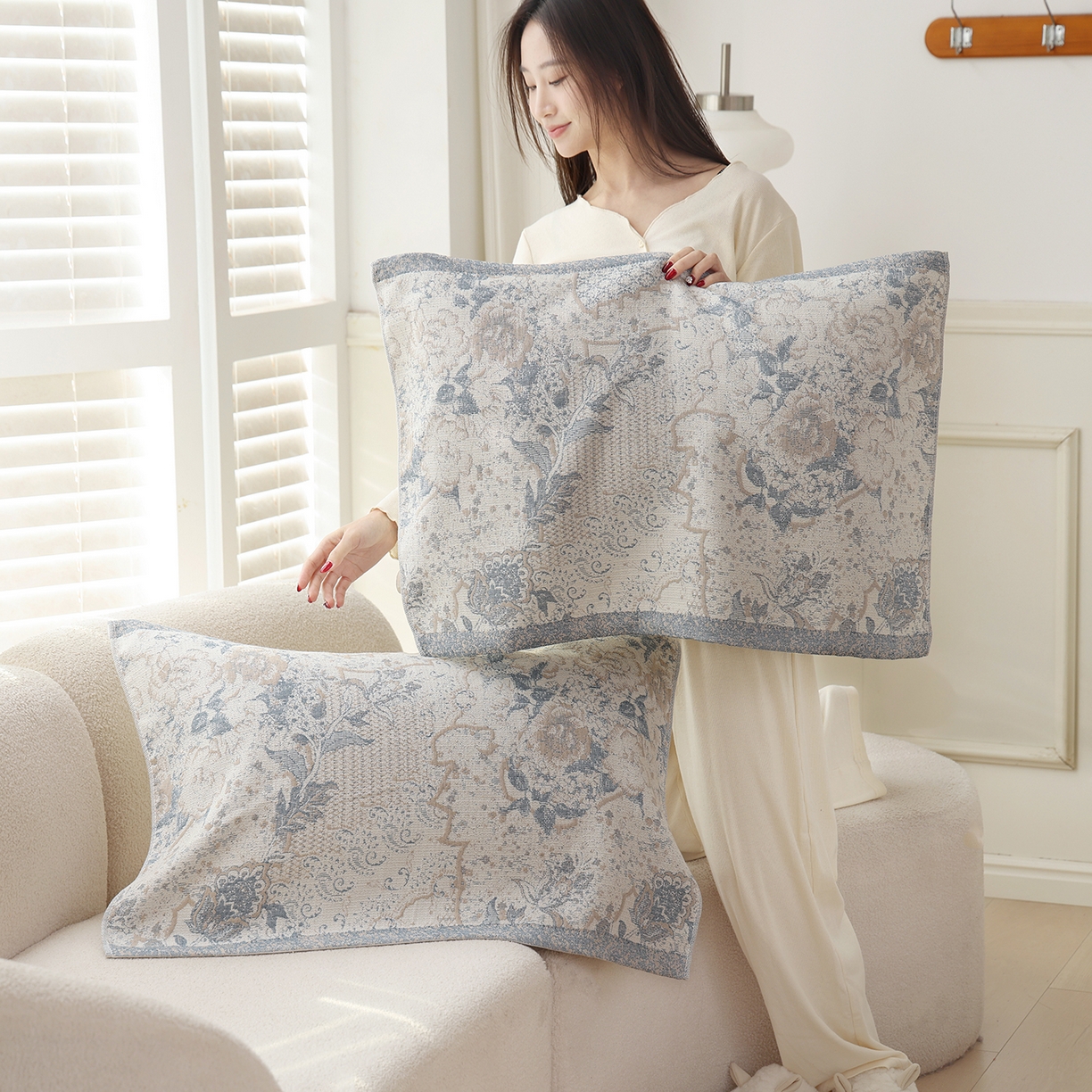 91家纺网 家纺一手货源 找家纺 朴尔家纺-毛巾被 2026新品多彩棉素雅色织提花纯棉纱布枕巾 瑞莎