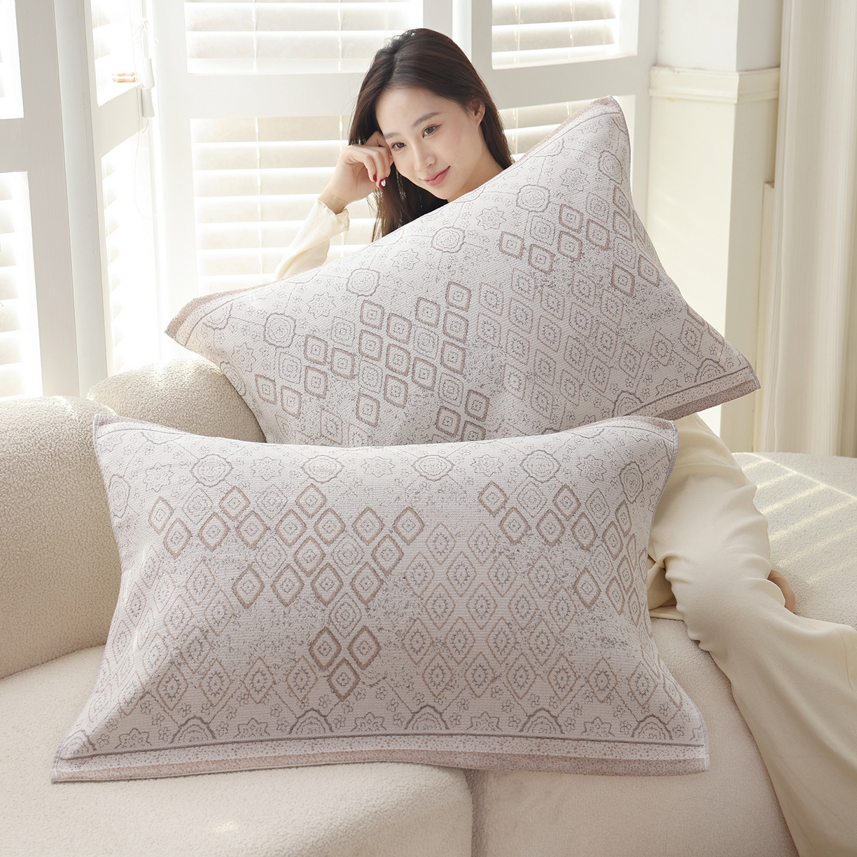 91家纺网 家纺一手货源 找家纺 朴尔家纺-毛巾被 2026新品多彩棉素雅色织提花纯棉纱布枕巾 山岚