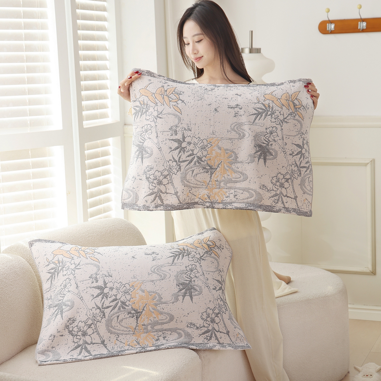 91家纺网 家纺一手货源 找家纺 朴尔家纺-毛巾被 2026新品多彩棉素雅色织提花纯棉纱布枕巾 月华韵