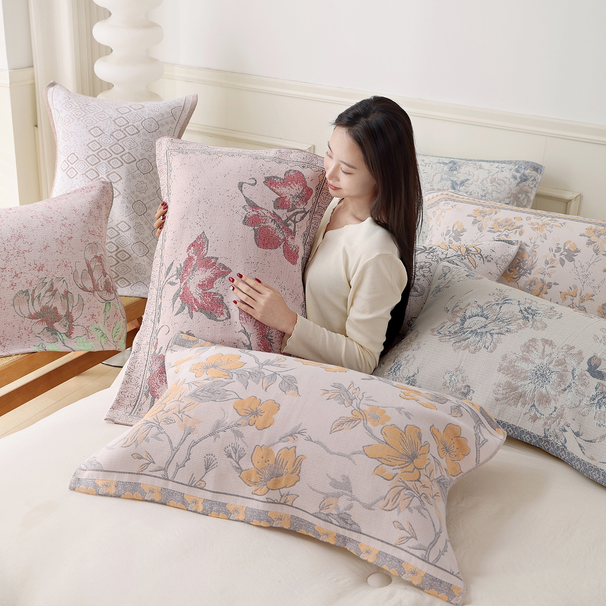 91家纺网 家纺一手货源 找家纺 朴尔家纺-毛巾被 2026新品多彩棉素雅色织提花纯棉纱布枕巾 组合图