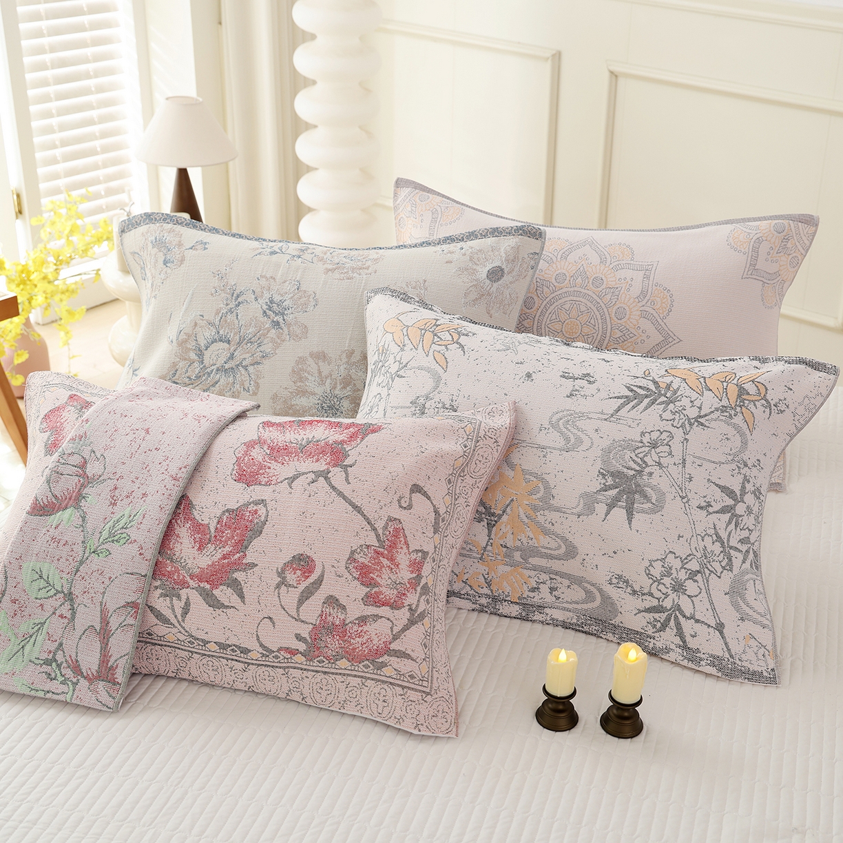 91家纺网 家纺一手货源 找家纺 朴尔家纺-毛巾被 2026新品多彩棉素雅色织提花纯棉纱布枕巾 组合图