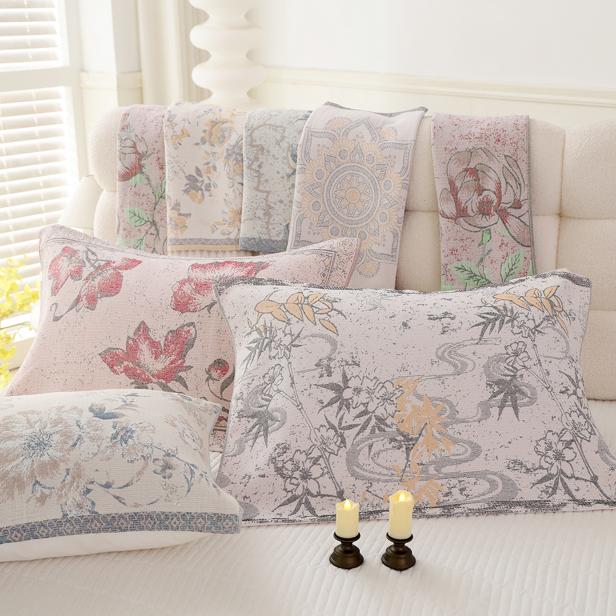 91家纺网 家纺一手货源 找家纺 朴尔家纺-毛巾被 2026新品多彩棉素雅色织提花纯棉纱布枕巾 组合图