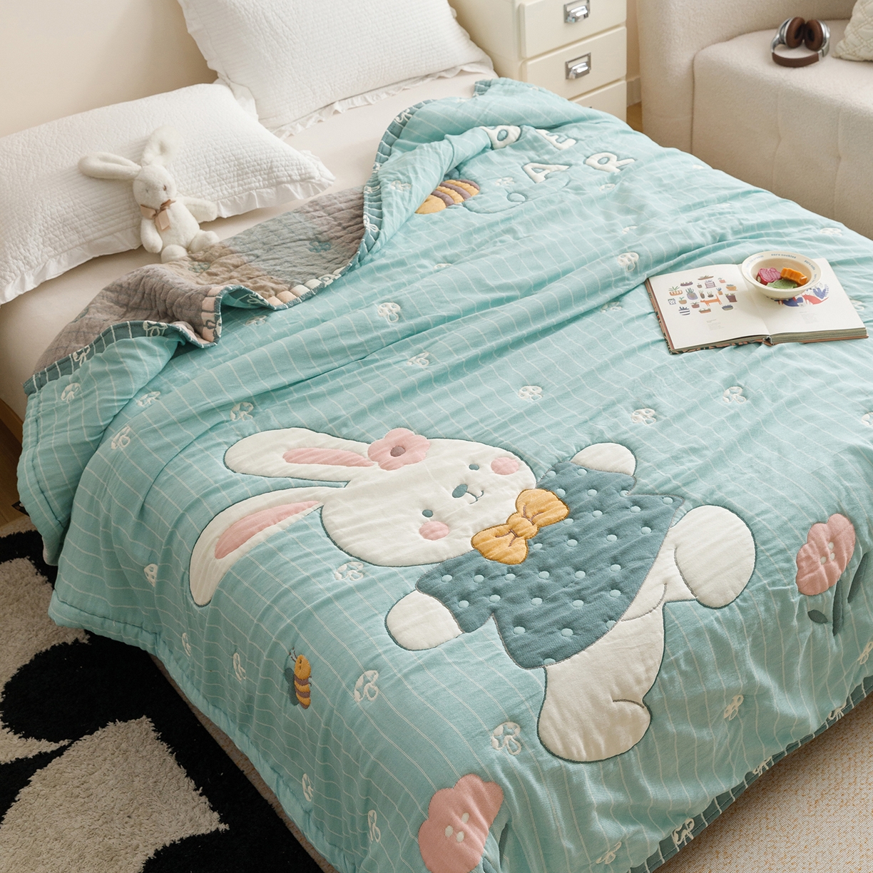 91家纺网 家纺一手货源 找家纺 （总）朴尔家纺-毛巾被 2026新品纯棉云朵棉卡通独版十层加厚纱布泡芙被毛巾被