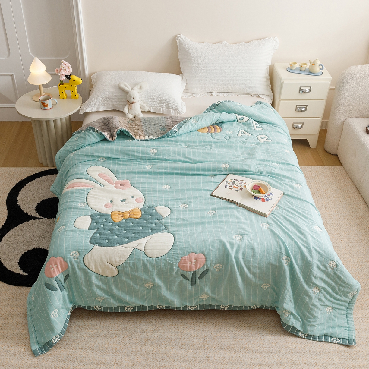 朴尔家纺-毛巾被 2026新品纯棉云朵棉卡通独版十层加厚纱布泡芙被毛巾被 波波兔