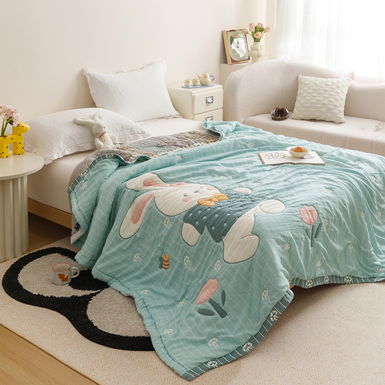 91家纺网 家纺一手货源 找家纺 朴尔家纺-毛巾被 2026新品纯棉云朵棉卡通独版十层加厚纱布泡芙被毛巾被 波波兔