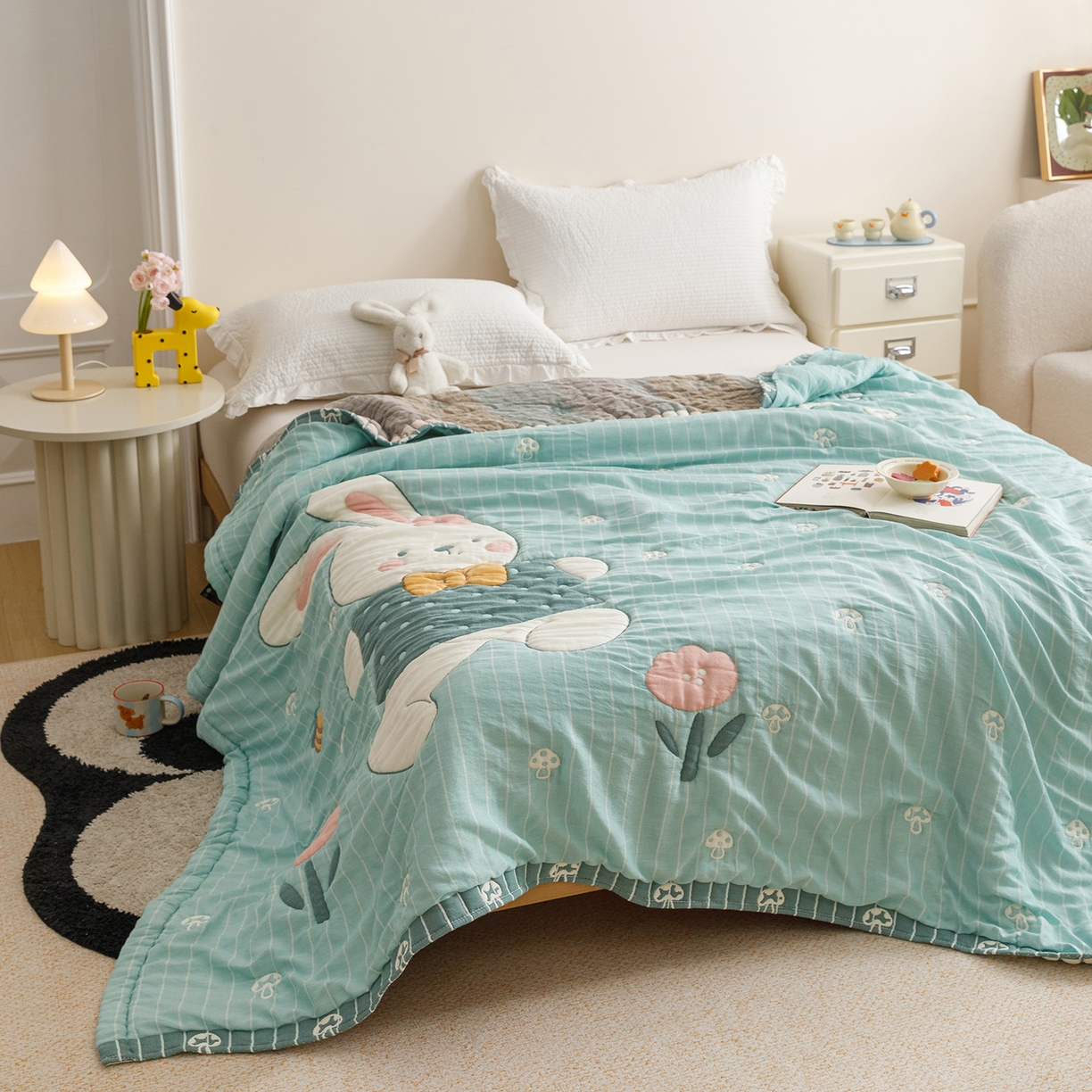 91家纺网 家纺一手货源 找家纺 朴尔家纺-毛巾被 2026新品纯棉云朵棉卡通独版十层加厚纱布泡芙被毛巾被 波波兔