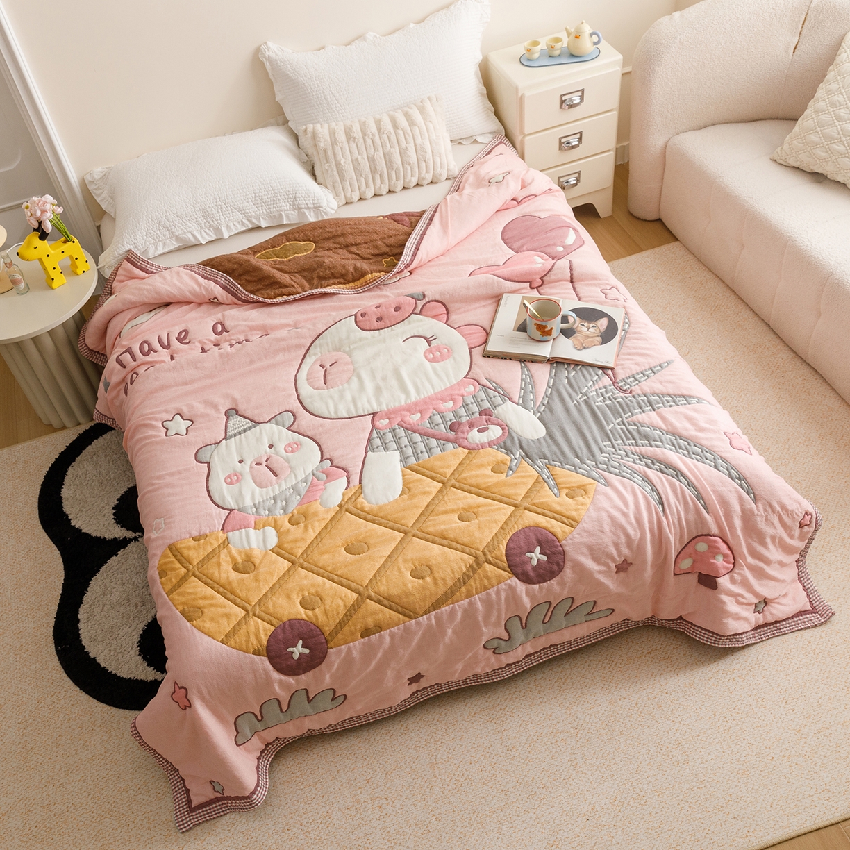 91家纺网 家纺一手货源 找家纺 朴尔家纺-毛巾被 2026新品纯棉云朵棉卡通独版十层加厚纱布泡芙被毛巾被 菠萝船-粉