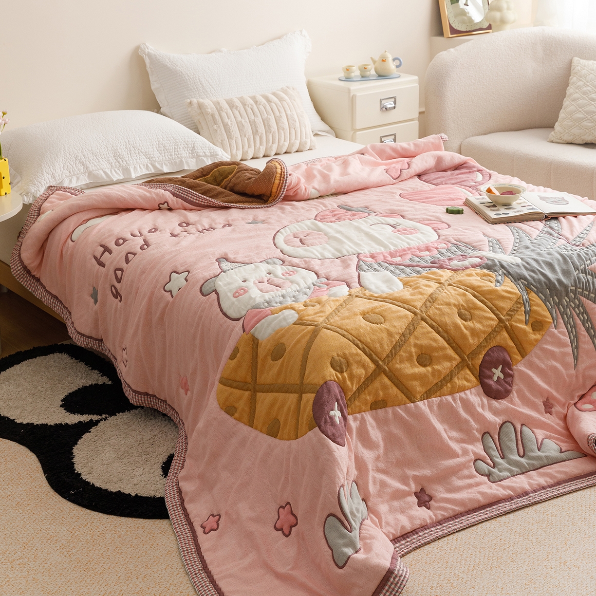 91家纺网 家纺一手货源 找家纺 朴尔家纺-毛巾被 2026新品纯棉云朵棉卡通独版十层加厚纱布泡芙被毛巾被 菠萝船-粉