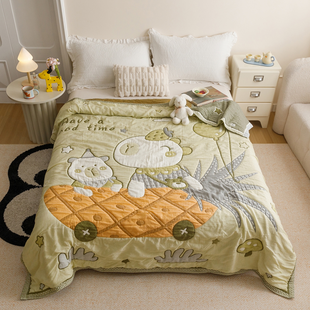 朴尔家纺-毛巾被 2026新品纯棉云朵棉卡通独版十层加厚纱布泡芙被毛巾被 菠萝船-绿