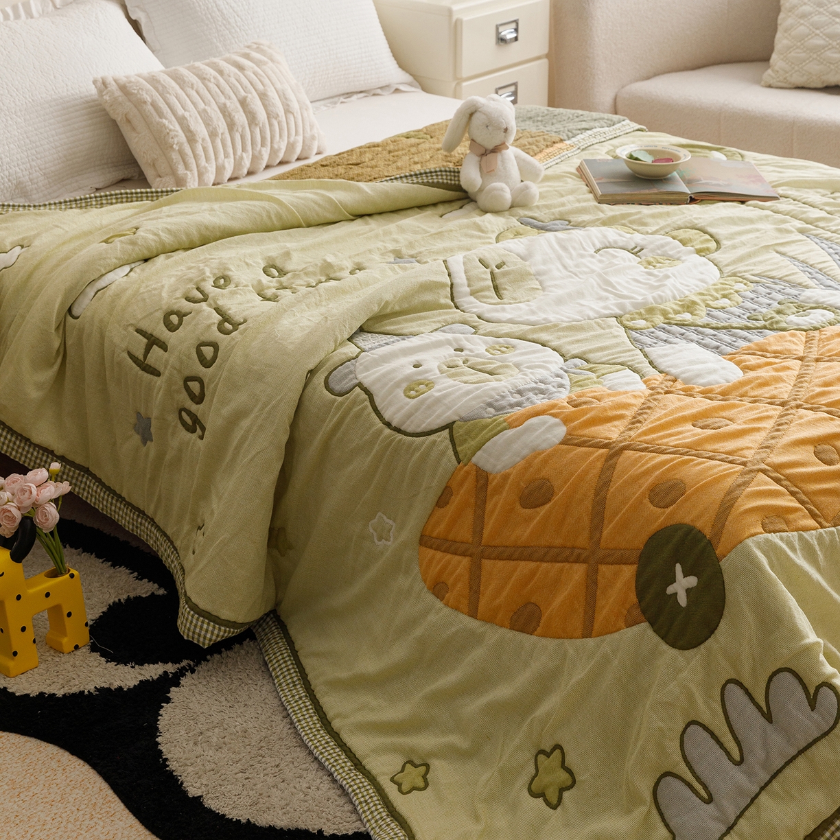 91家纺网 家纺一手货源 找家纺 朴尔家纺-毛巾被 2026新品纯棉云朵棉卡通独版十层加厚纱布泡芙被毛巾被 菠萝船-绿