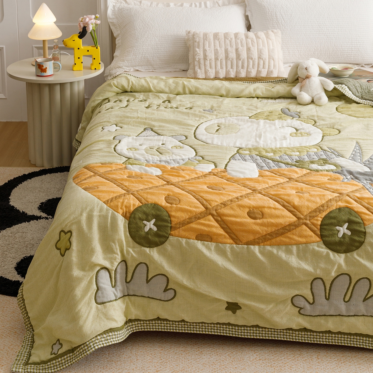 91家纺网 家纺一手货源 找家纺 朴尔家纺-毛巾被 2026新品纯棉云朵棉卡通独版十层加厚纱布泡芙被毛巾被 菠萝船-绿