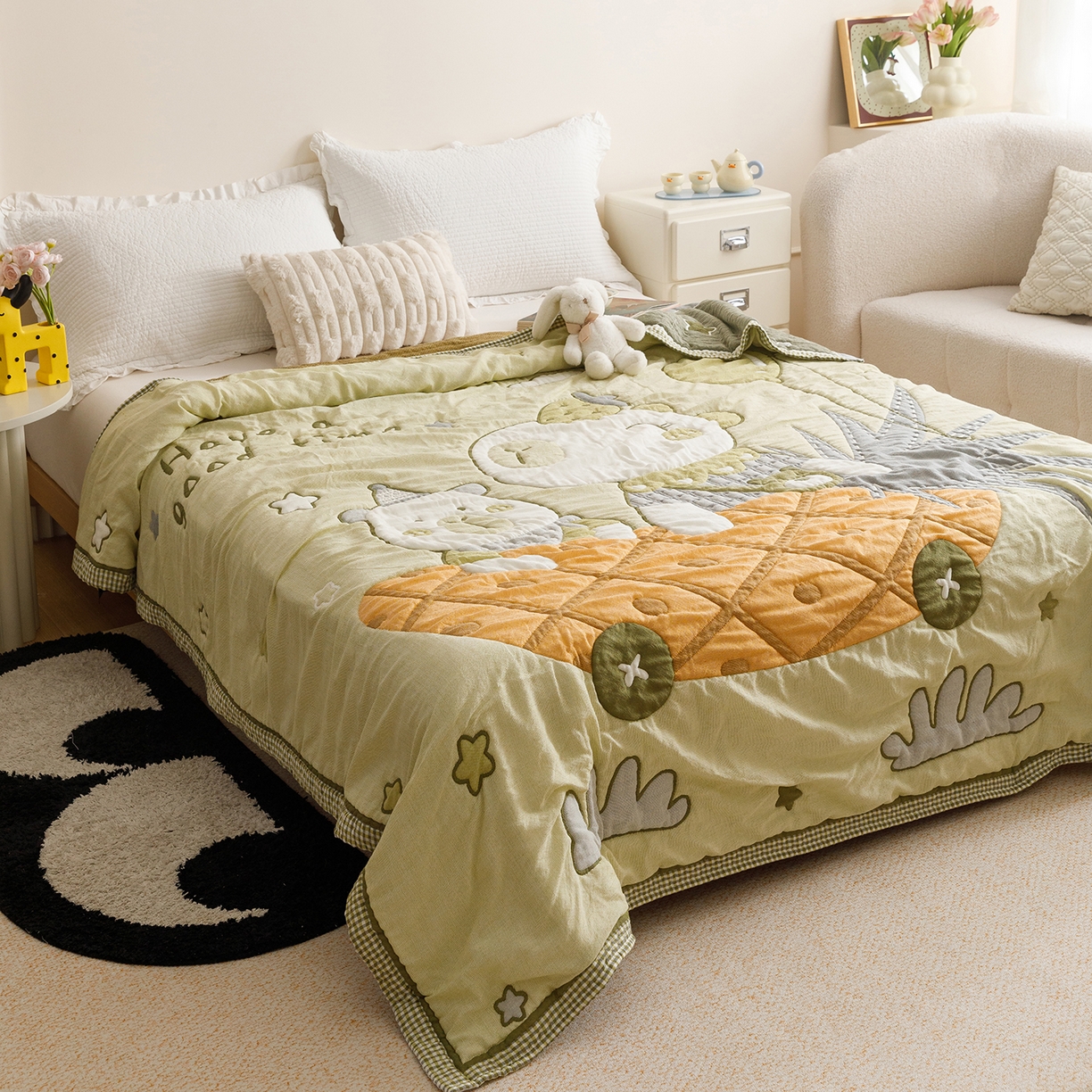 91家纺网 家纺一手货源 找家纺 朴尔家纺-毛巾被 2026新品纯棉云朵棉卡通独版十层加厚纱布泡芙被毛巾被 菠萝船-绿