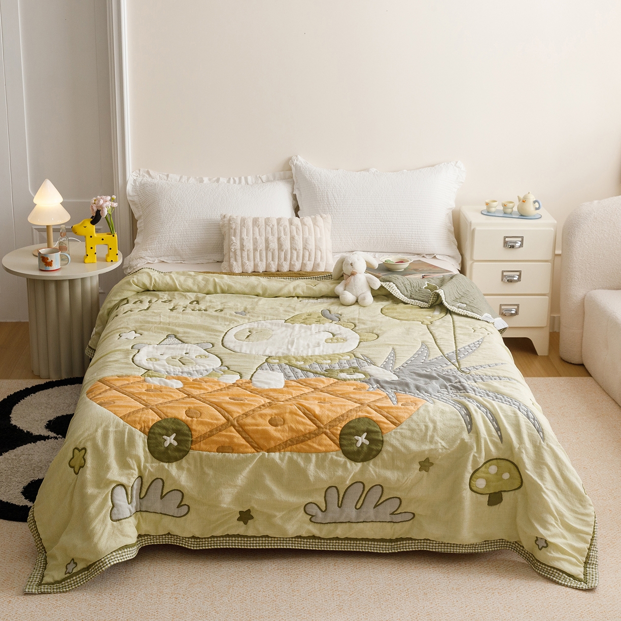 91家纺网 家纺一手货源 找家纺 朴尔家纺-毛巾被 2026新品纯棉云朵棉卡通独版十层加厚纱布泡芙被毛巾被 菠萝船-绿