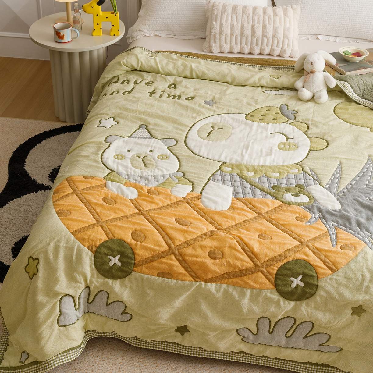 91家纺网 家纺一手货源 找家纺 朴尔家纺-毛巾被 2026新品纯棉云朵棉卡通独版十层加厚纱布泡芙被毛巾被 菠萝船-绿