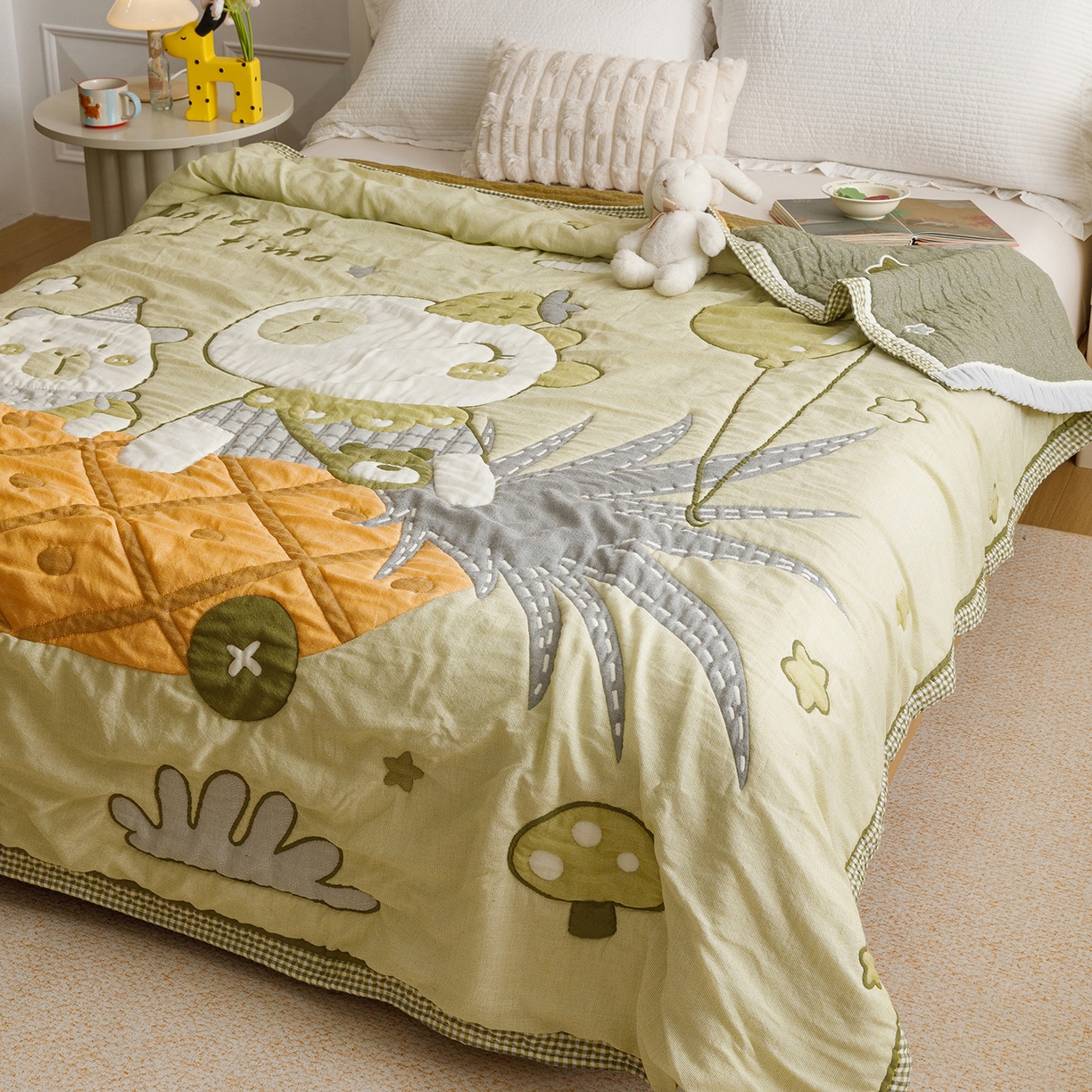 91家纺网 家纺一手货源 找家纺 朴尔家纺-毛巾被 2026新品纯棉云朵棉卡通独版十层加厚纱布泡芙被毛巾被 菠萝船-绿