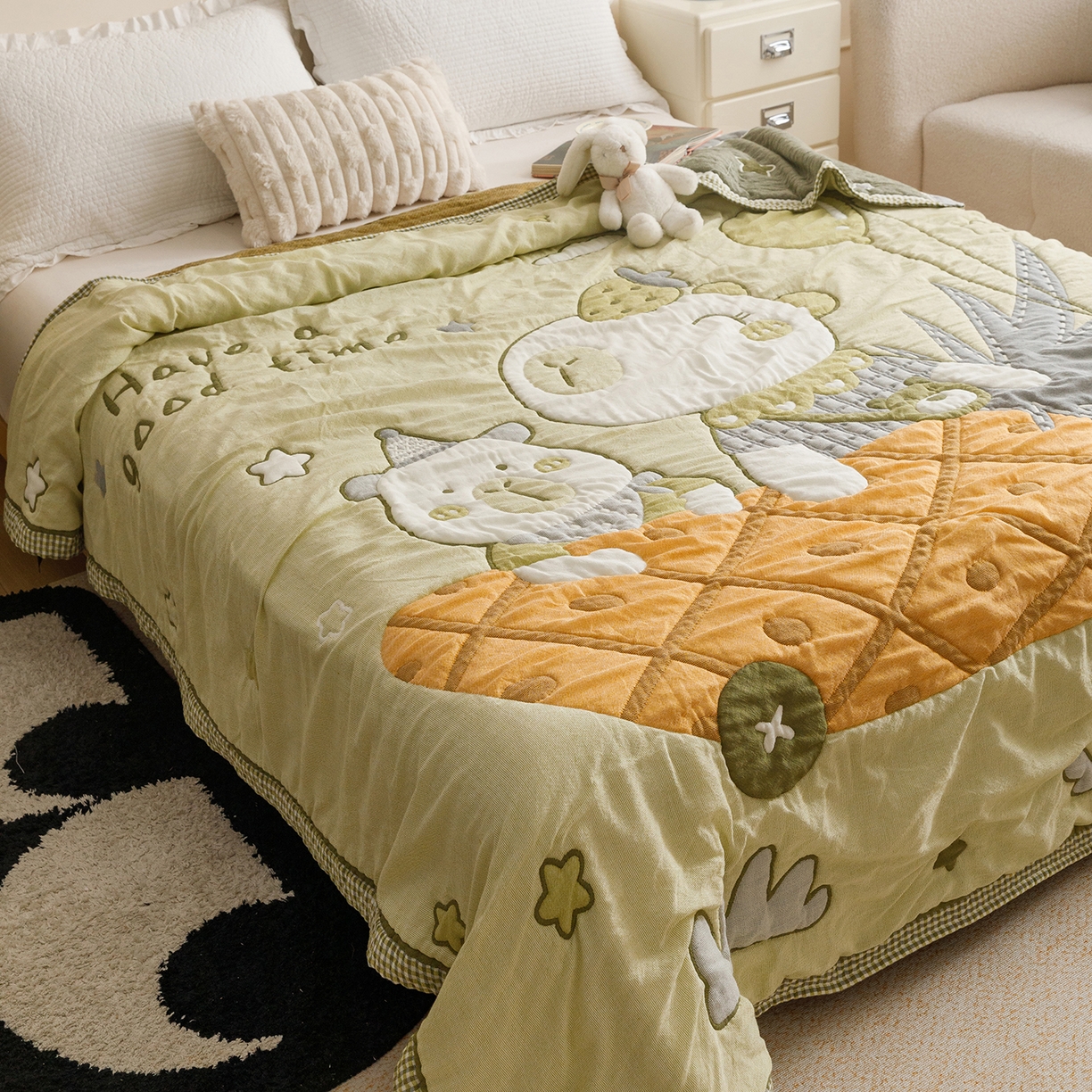 91家纺网 家纺一手货源 找家纺 朴尔家纺-毛巾被 2026新品纯棉云朵棉卡通独版十层加厚纱布泡芙被毛巾被 菠萝船-绿