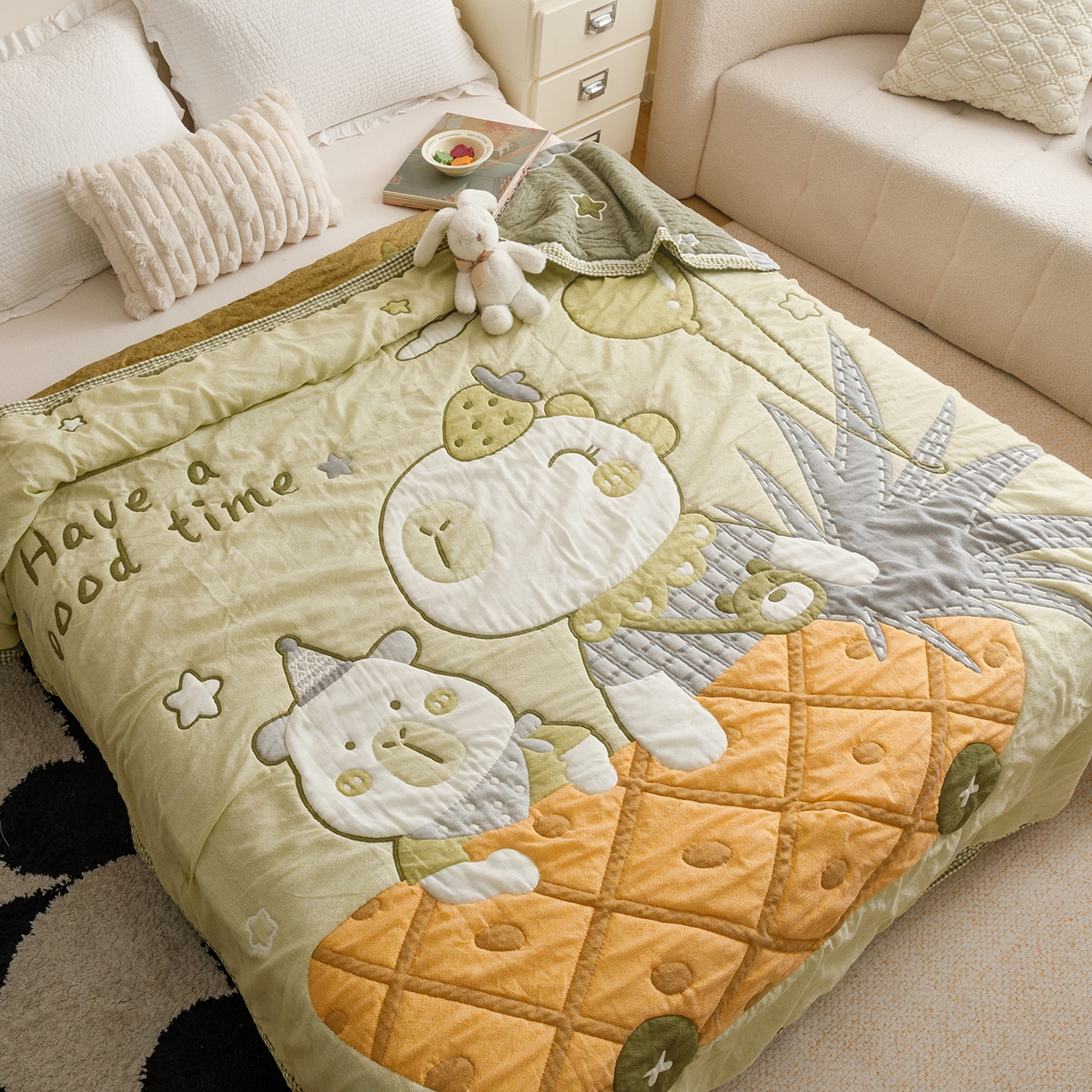 91家纺网 家纺一手货源 找家纺 朴尔家纺-毛巾被 2026新品纯棉云朵棉卡通独版十层加厚纱布泡芙被毛巾被 菠萝船-绿