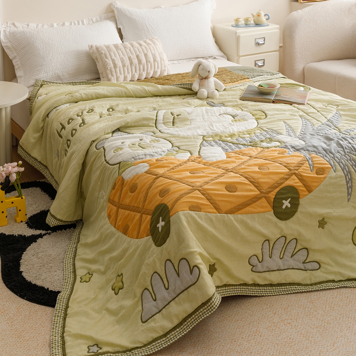 91家纺网 家纺一手货源 找家纺 朴尔家纺-毛巾被 2026新品纯棉云朵棉卡通独版十层加厚纱布泡芙被毛巾被 菠萝船-绿