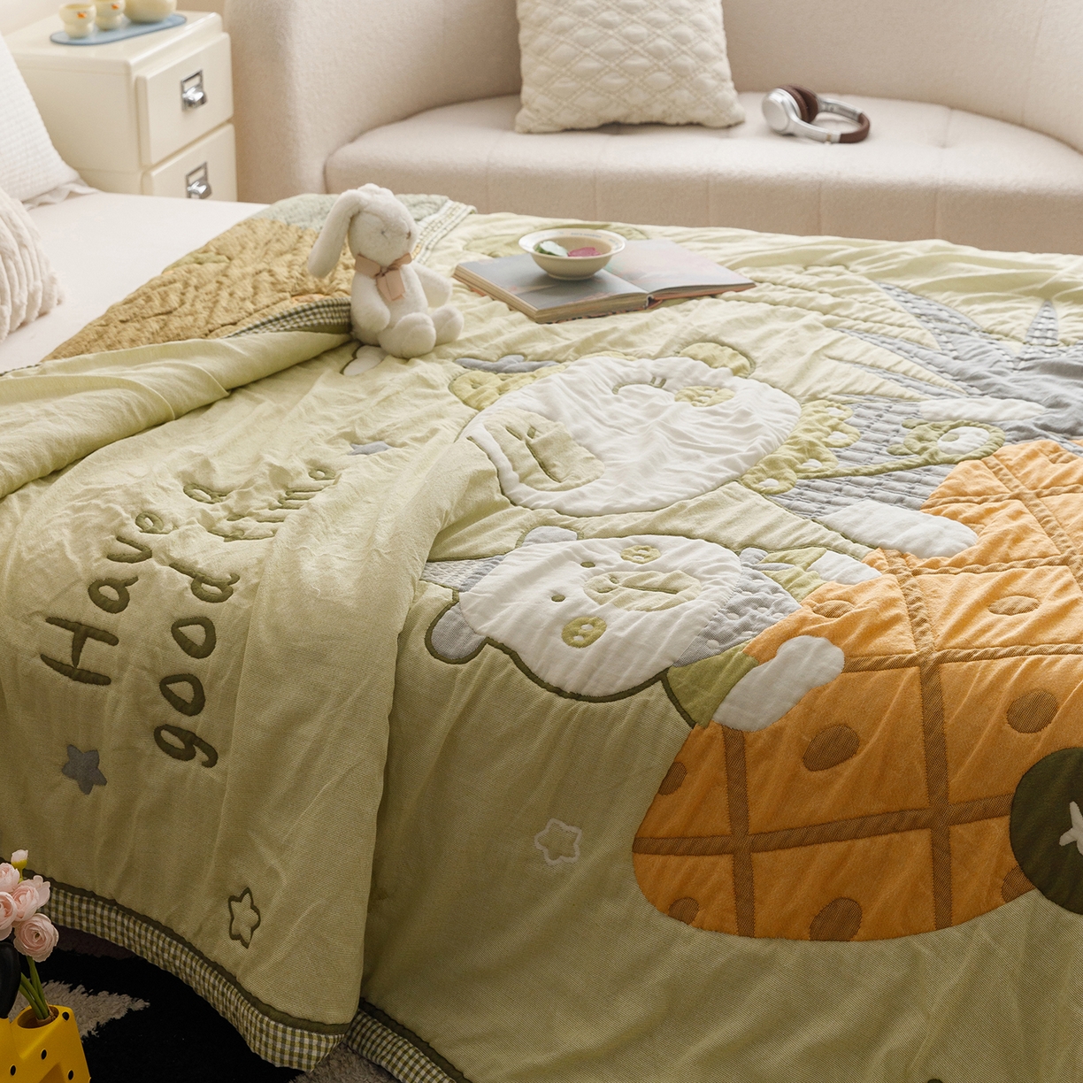 91家纺网 家纺一手货源 找家纺 朴尔家纺-毛巾被 2026新品纯棉云朵棉卡通独版十层加厚纱布泡芙被毛巾被 菠萝船-绿