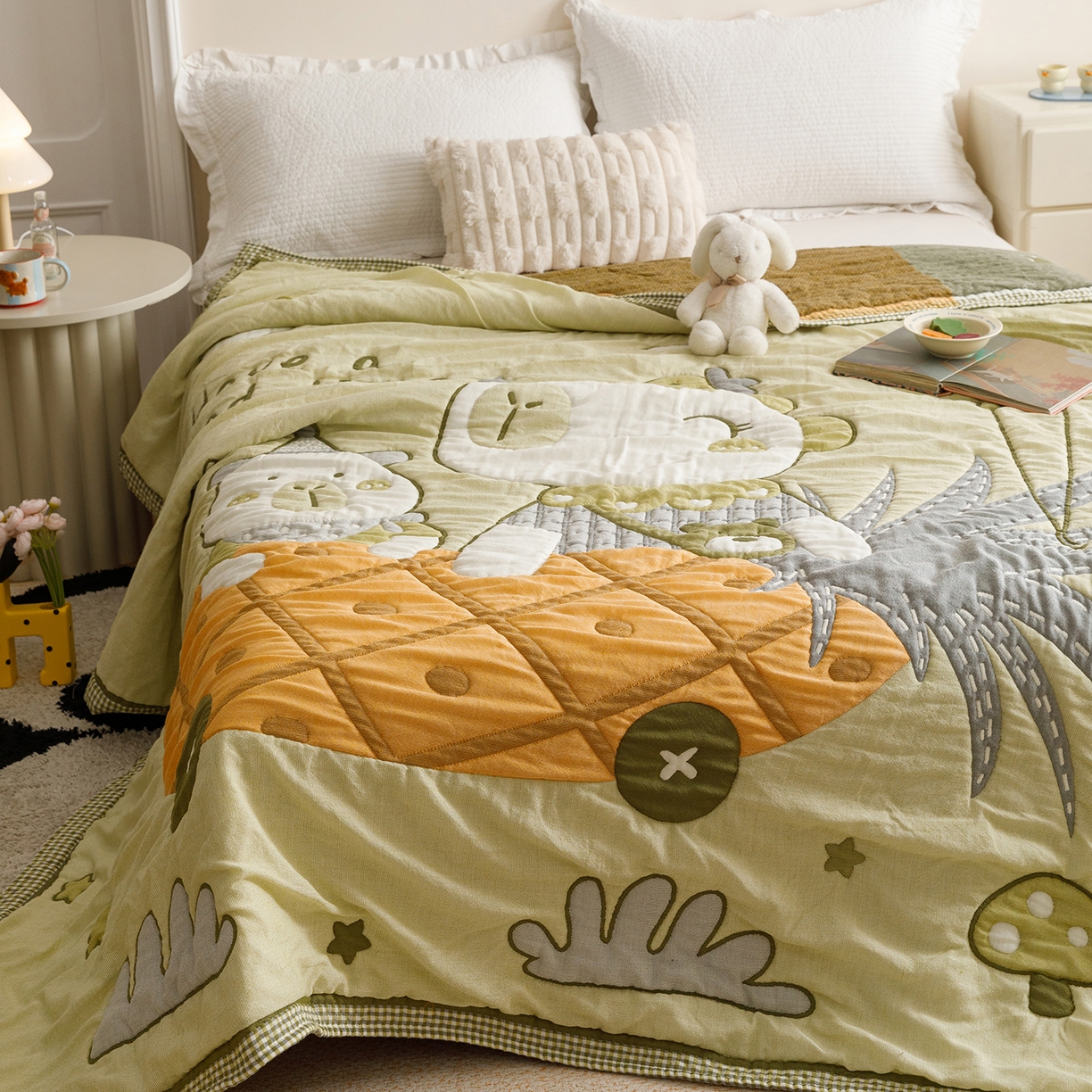 91家纺网 家纺一手货源 找家纺 朴尔家纺-毛巾被 2026新品纯棉云朵棉卡通独版十层加厚纱布泡芙被毛巾被 菠萝船-绿