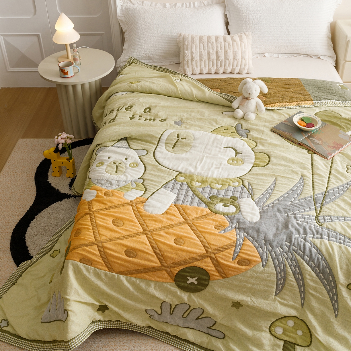 91家纺网 家纺一手货源 找家纺 朴尔家纺-毛巾被 2026新品纯棉云朵棉卡通独版十层加厚纱布泡芙被毛巾被 菠萝船-绿