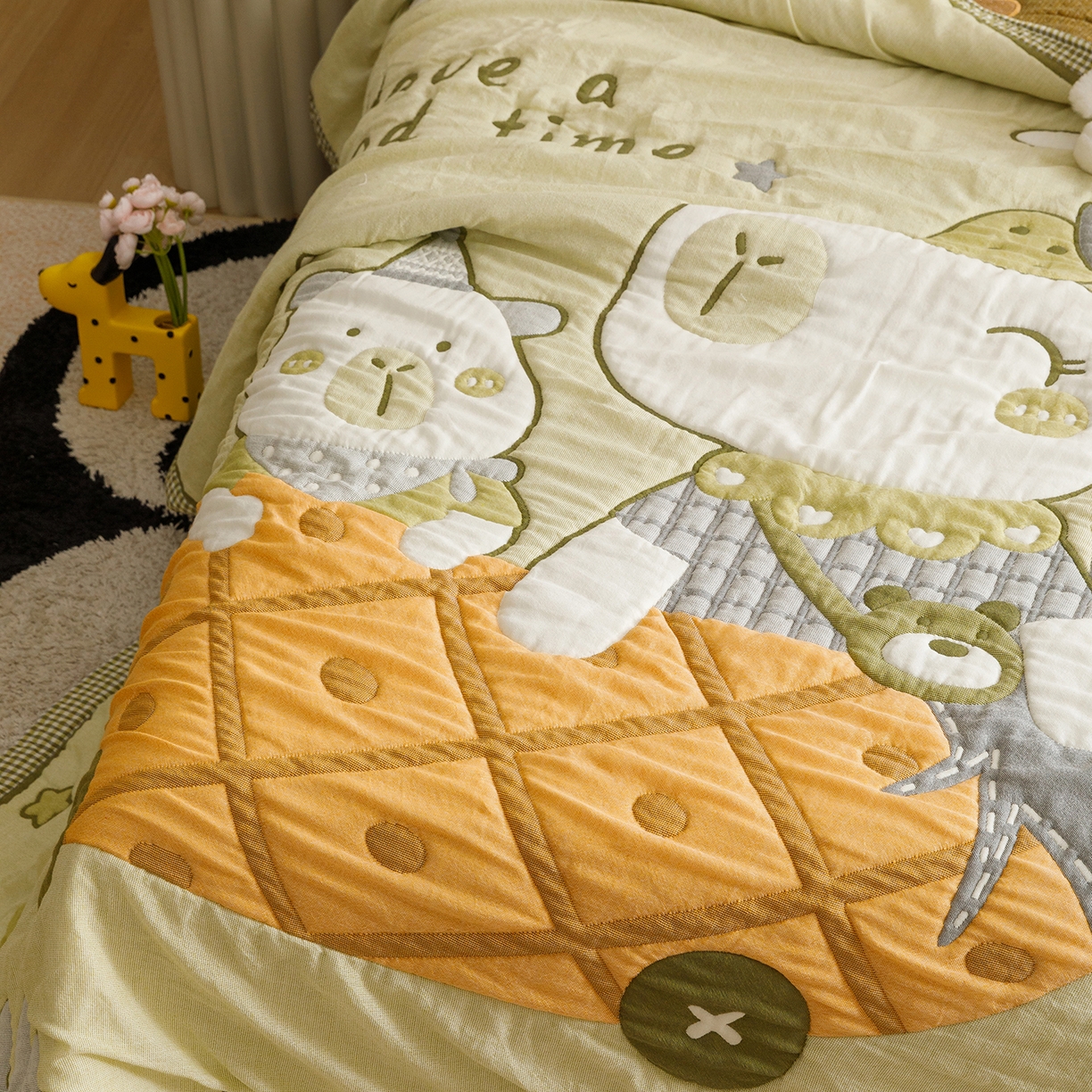 91家纺网 家纺一手货源 找家纺 朴尔家纺-毛巾被 2026新品纯棉云朵棉卡通独版十层加厚纱布泡芙被毛巾被 菠萝船-绿