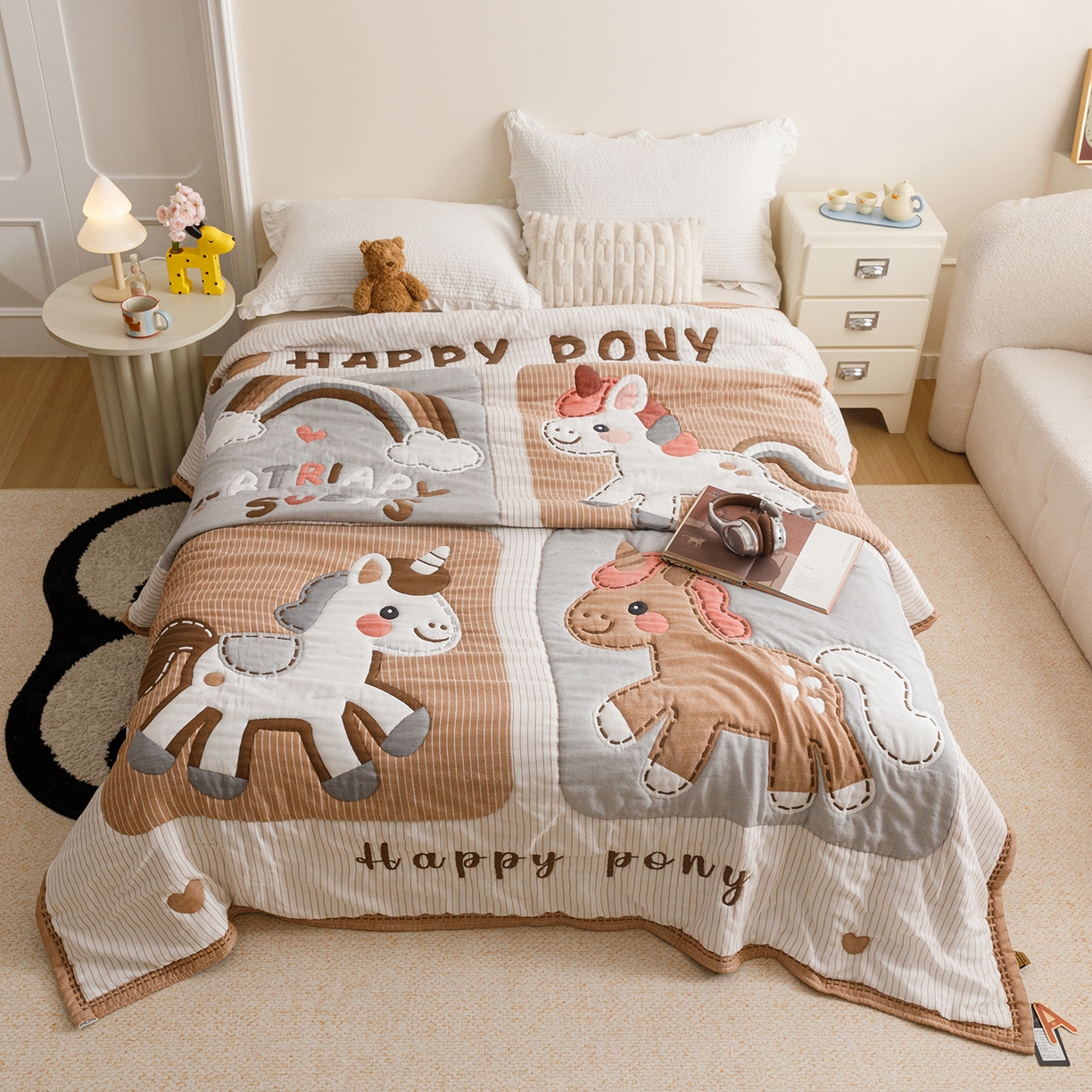 朴尔家纺-毛巾被 2026新品纯棉云朵棉卡通独版十层加厚纱布泡芙被毛巾被 彩虹马